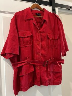 3X Linen shirt Safari belted jacket button down Lauren Ralph Lauren Red Utility